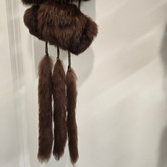 Brown Rabbit Fur Pompom Scarf with Tails - Picture 4 of 5